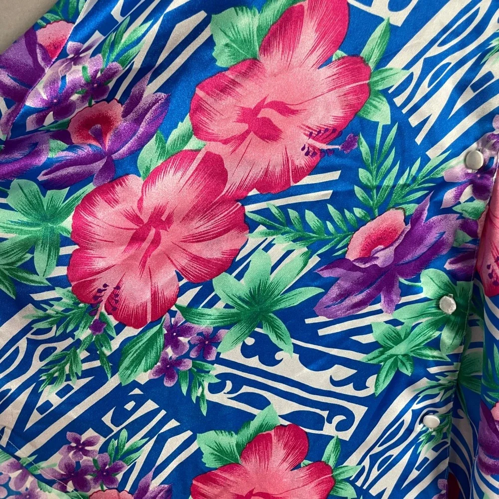 Vintage‎ Floral Blouse Satin Tropical Button-Up Sleeveless Size Small Blue Pink
